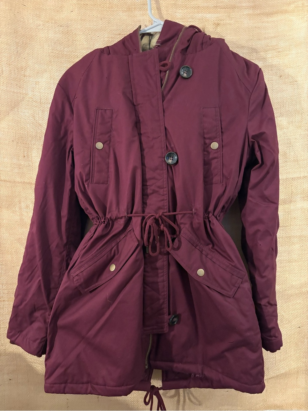 Love Tree Wine Hooded Utility Jacket with Drawstring Waist